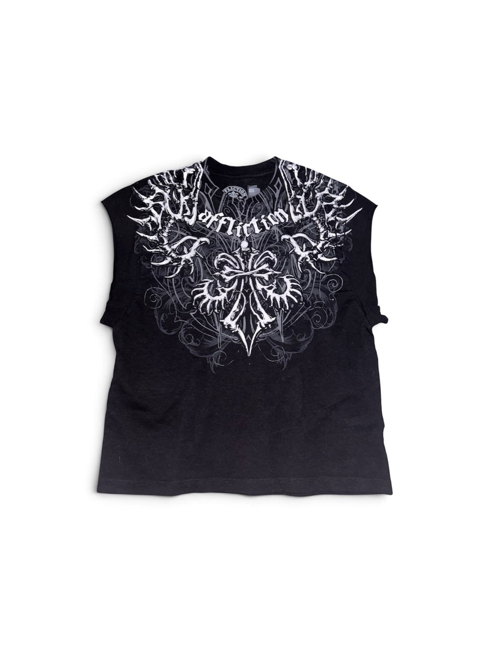 Affliction Men’s Black Tank Top with White Gothic Chest Graphic Never Worn